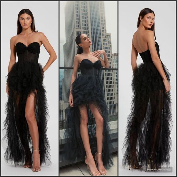 MAC DUGGAL  27532 Black Strapless Bustier Net Gown With Spiral Ruffles - Picture 1 of 13